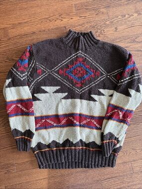 Ralph Lauren Men's Brown Aztec Knit Pullover Sweater with Red & Blue Pattern